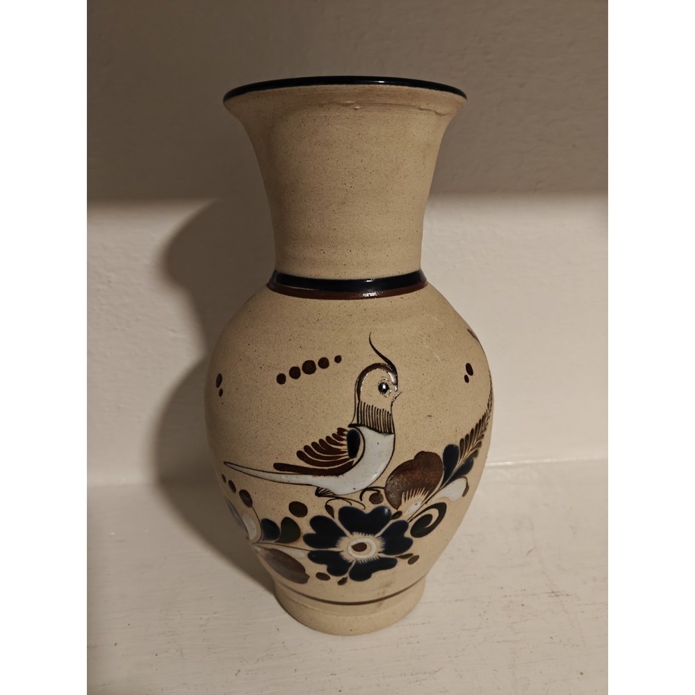 Vintage Tonala Mexico Folk Art Sandstone Pottery Vase Bird/Flowers